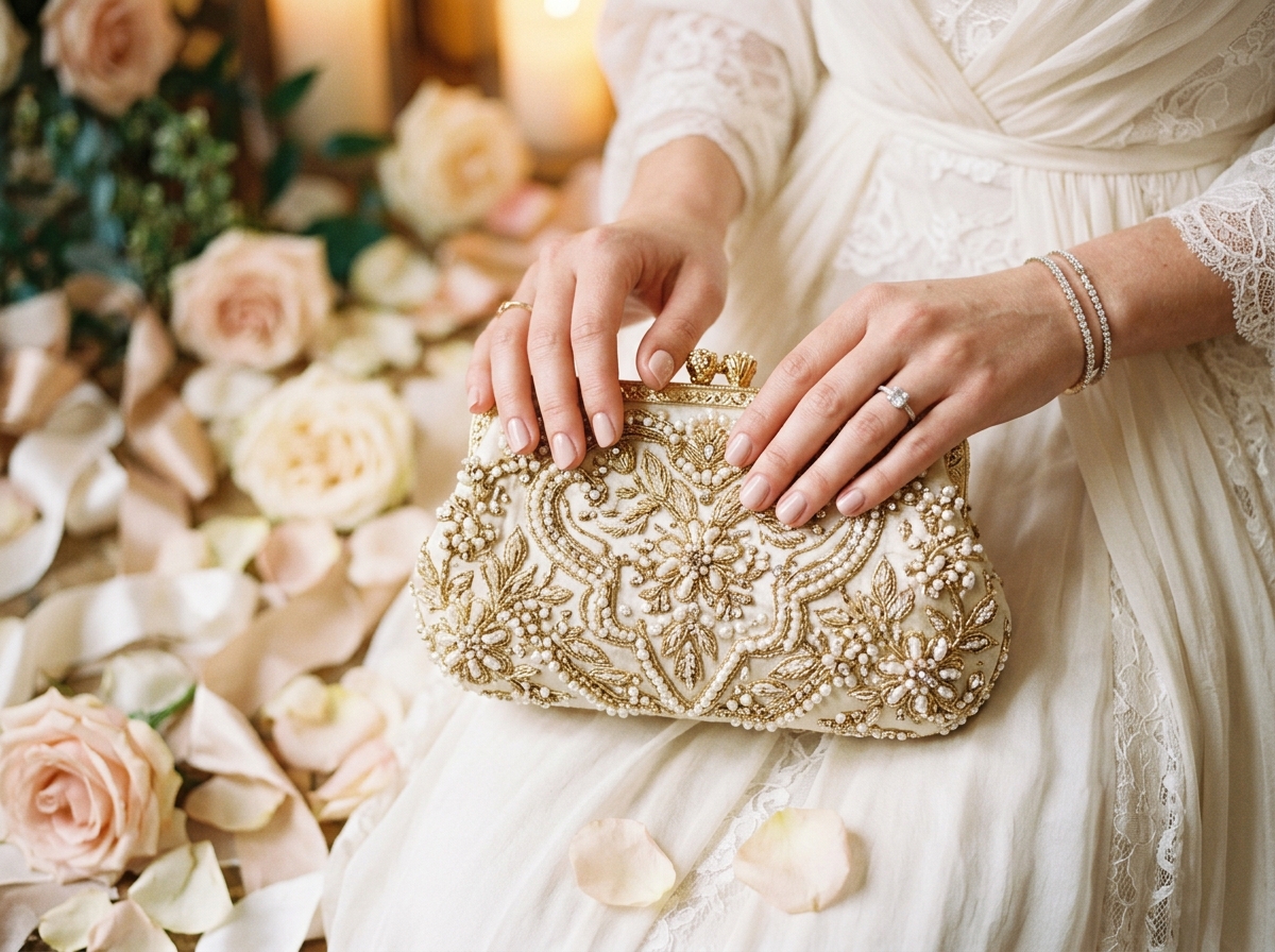 Handcrafted Bridal Clutch Details with Pearls and Roses